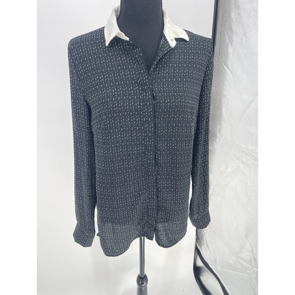 Promod | Vintage 90s Pleated Size 6 Black Crinkle Button Down Long Sleeves Bin12